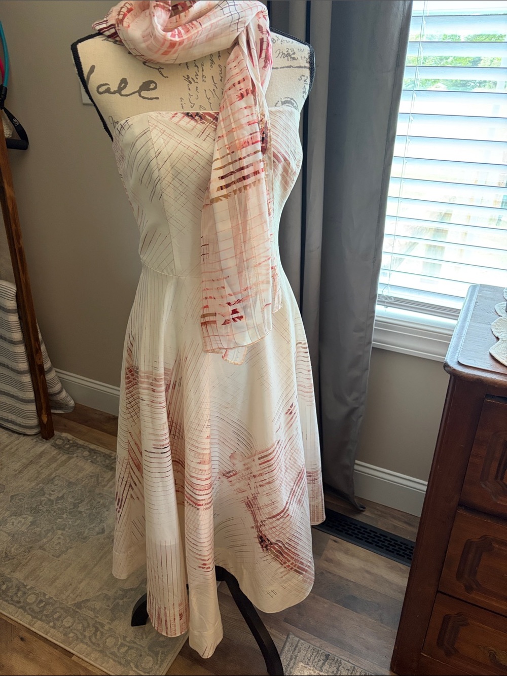 White & Pink Strapless A-Line Dress with Scarf